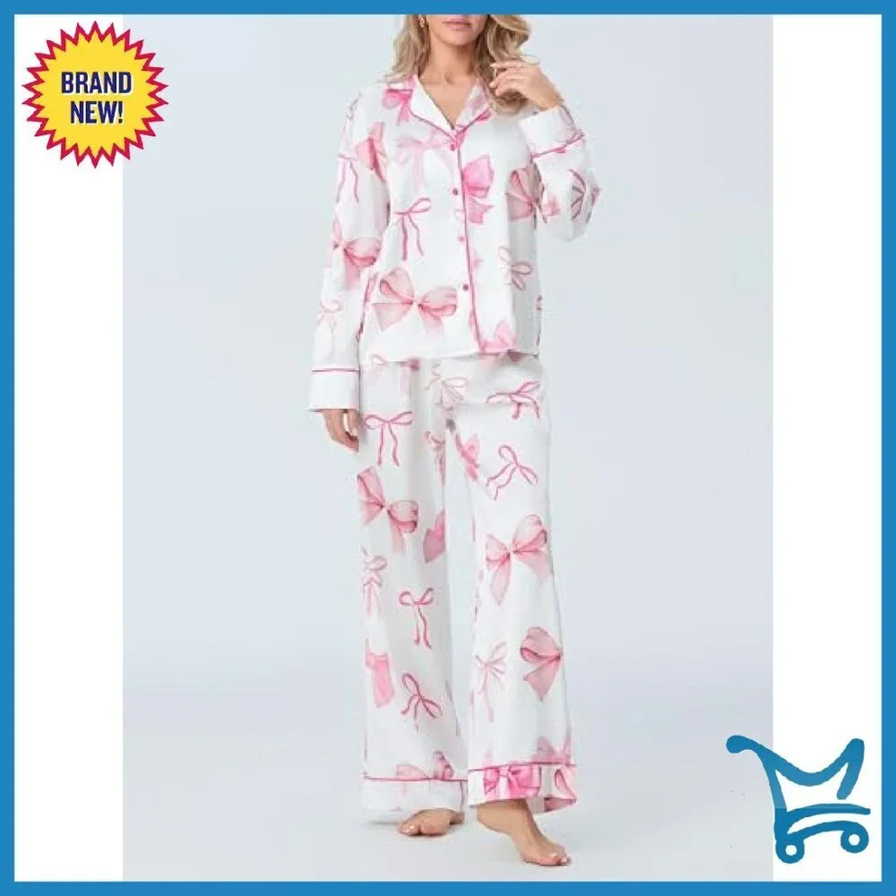 Silk Satin Pajama Set Long Sleeve Button Shirt Lounge Pants
